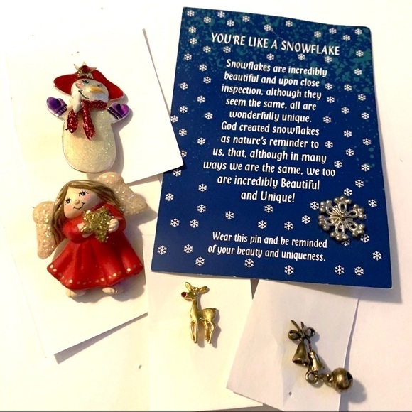 Winter Angel Snowman Bells Brooch Pin Set of 5 - Picture 1 of 5